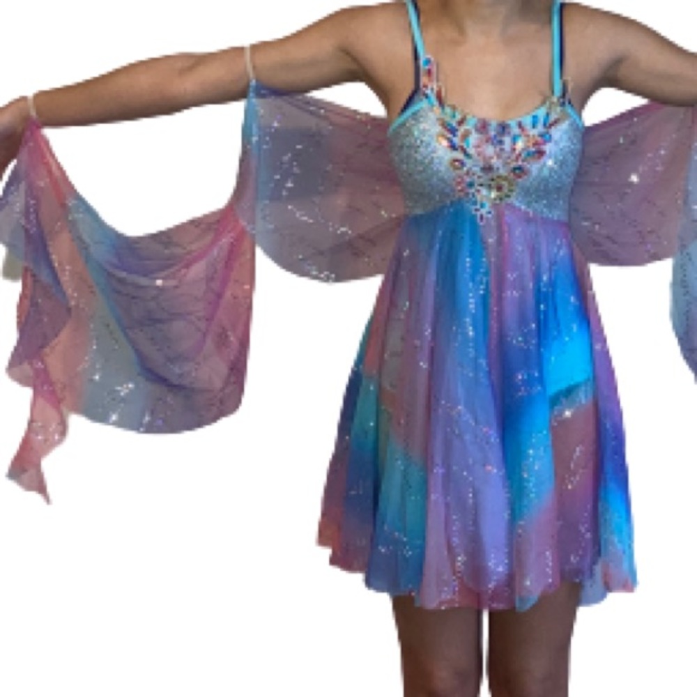 Weissman Dance Costume One Piece With Sheer Sparkly Fabric Blue, Pink, Purple